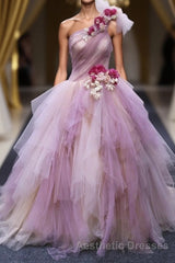 Puffy One Shoulder Sleeveless Tulle Evening Prom Dresses with Flowers, Ruffles Quinceanera Dresses