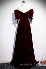 Modest Burgundy Long Evening Prom Dresses with Short Sleeves Vintage Evening Prom Gown