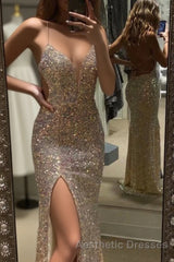 Mermaid Evening Prom Dresses Spaghetti Straps V Neck Evening Prom Dresses With Split