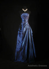 Vintage Ball Gown Strapless Navy Blue Satin Long Prom Dresses Party Dress
