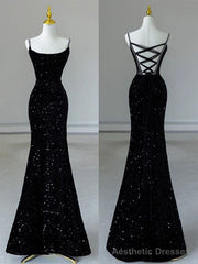 Sexy Mermaid Spaghetti Straps Sequin Black Long Prom Dresses