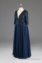 Navy V-Neck Long Sleeves Lace Appliques Chiffon Evening Prom Dresses