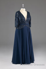 Navy V-Neck Long Sleeves Lace Appliques Chiffon Evening Prom Dresses