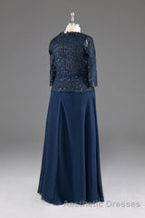 Navy V-Neck Long Sleeves Lace Appliques Chiffon Evening Prom Dresses
