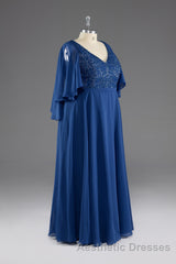 A-line V-Neck Short Sleeves Chiffon Mother of The Bride Dresses