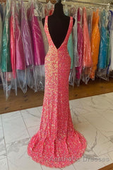 V neck Sequin Mermaid Long Evening Prom Dresses