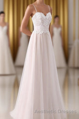 Girly Spaghetti Straps Long A-line Floor Length Wedding Dresses