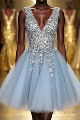 Blue V Neck Homecoming Dresses With Beadings