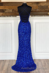 Mermaid Spaghetti Straps Royal Blue Sequins Long Evening Prom Dresses