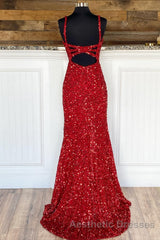 Sheath Spaghetti Straps Red Sequins Evening Prom Dresses with Split Front