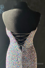Silver Strapless Lace-Up Sequins Long Evening Prom Dresses with Slit