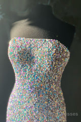 Silver Strapless Lace-Up Sequins Long Evening Prom Dresses with Slit