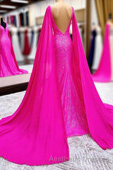 Hot Pink Mermaid Evening Prom Dresses With Wateau Train