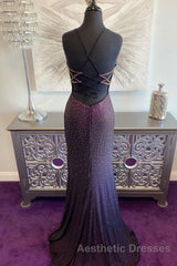 Dark Purple Lace-Up Back Mermaid Evening Prom Dresses with Beading