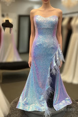 Plus Size Light Blue Sweetheart Mermaid Sequins Long Evening Prom Dresses with Feathers