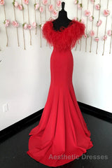 Red Mermaid Long Evening Prom Dresses with Feathers