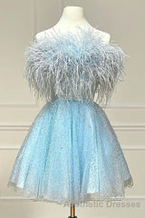 Black A-Line Strapless Homecoming Dresses with Feathers