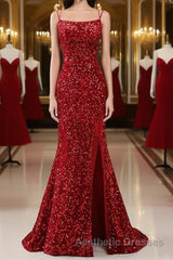 Red Sparkly Mermaid Backless Long Evening Prom Dresses with Fringes