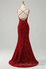 Red Sparkly Mermaid Backless Long Evening Prom Dresses with Fringes