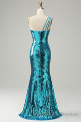 Sparkly Blue Sequins One Shoulder Long Evening Prom Dresses with Slit