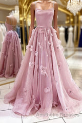 A Line Backless Pink Floral Long Evening Prom Dresses, Pink Floral Formal Graduation Evening Dresses