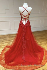 A Line Backless Red Lace Long Evening Prom Dresses, Long Red Lace Formal Dresses, Red Evening Dresses