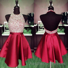 A-line Beaded Halter Satin Evening Prom Dresses Short Open Back Homecoming Dresses