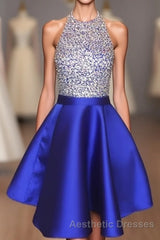 A-line Beaded Halter Satin Evening Prom Dresses Short Open Back Homecoming Dresses
