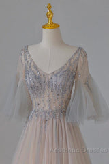 A-Line Beaded V-Neckline Tulle Formal Dresses, Puffy Sleeves Long Evening Prom Dresses
