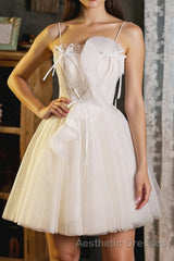 A-Line Beige Tulle Short Evening Prom Dresses, Beige Cute Homecoming Dresses
