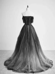 A-Line Black Tulle Ballgown Long Party Dresses Beadings Evening Dresses Evening Prom Dresses