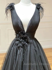 A Line Black V Neck Tulle Long Evening Prom Dresses