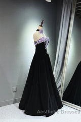 A-Line Black Velvet Long Party Dresses With Lace Applique, Black Velvet Evening Prom Dresses