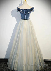 A-Line Blue-Grey Sequins Off Shoulder Long Party Dresses Velevet Long Evening Prom Dresses