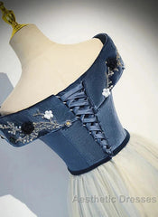 A-Line Blue-Grey Sequins Off Shoulder Long Party Dresses Velevet Long Evening Prom Dresses