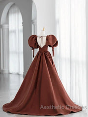A-Line Brown Satin Ball Gown Short Sleeves Long Party Dresses V-Neckline Evening Prom Dresses