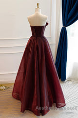 A-Line Burgundy Organza Burgundy Long Evening Prom Dresses, Burgundy Long Evening Dresses
