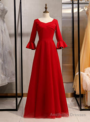 A-Line Burgundy Satin Tulle Half Sleeve Simple Prom Dress