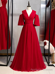 A-Line Burgundy Tulle Deep V-neck Prom Dress