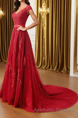 A Line Cap Sleeves Burgundy Lace Long Evening Prom Dresses with Appliques, Burgundy Formal Dresses, Burgundy Evening Dresses