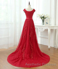 A Line Cap Sleeves Burgundy Lace Long Evening Prom Dresses with Appliques, Burgundy Formal Dresses, Burgundy Evening Dresses