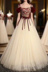 A line  champagne long Evening Prom Dresses, champagne tulle formal evening Dresses
