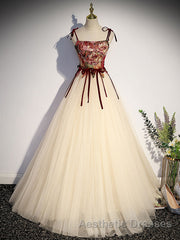 A line  champagne long Evening Prom Dresses, champagne tulle formal evening Dresses