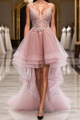A-line Deep V Neck Beaded Appliques Multi-Layers Hi-Low Formal Dresses