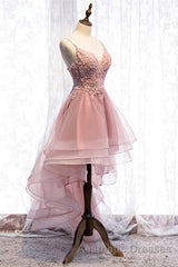 A-line Deep V Neck Beaded Appliques Multi-Layers Hi-Low Formal Dresses