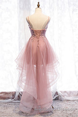 A-line Deep V Neck Beaded Appliques Multi-Layers Hi-Low Formal Dresses