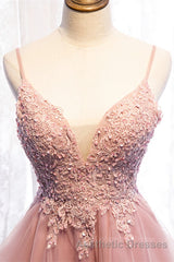 A-line Deep V Neck Beaded Appliques Multi-Layers Hi-Low Formal Dresses