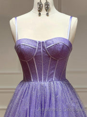 A Line Glitter Tulle Evening Prom Dresses with Pockets