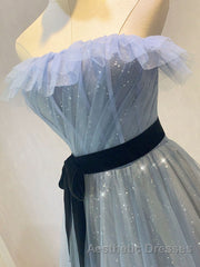 A-Line Gray Blue Tulle Long Evening Prom Dresses, Gray Blue Long Formal Dresses