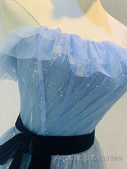 A-Line Gray Blue Tulle Long Evening Prom Dresses, Gray Blue Long Formal Dresses